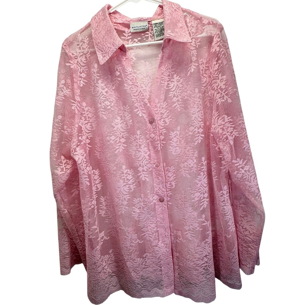 VTG White Stag Lace Button Down Women 18/20W Pink Sheer Floral Coquette Festival